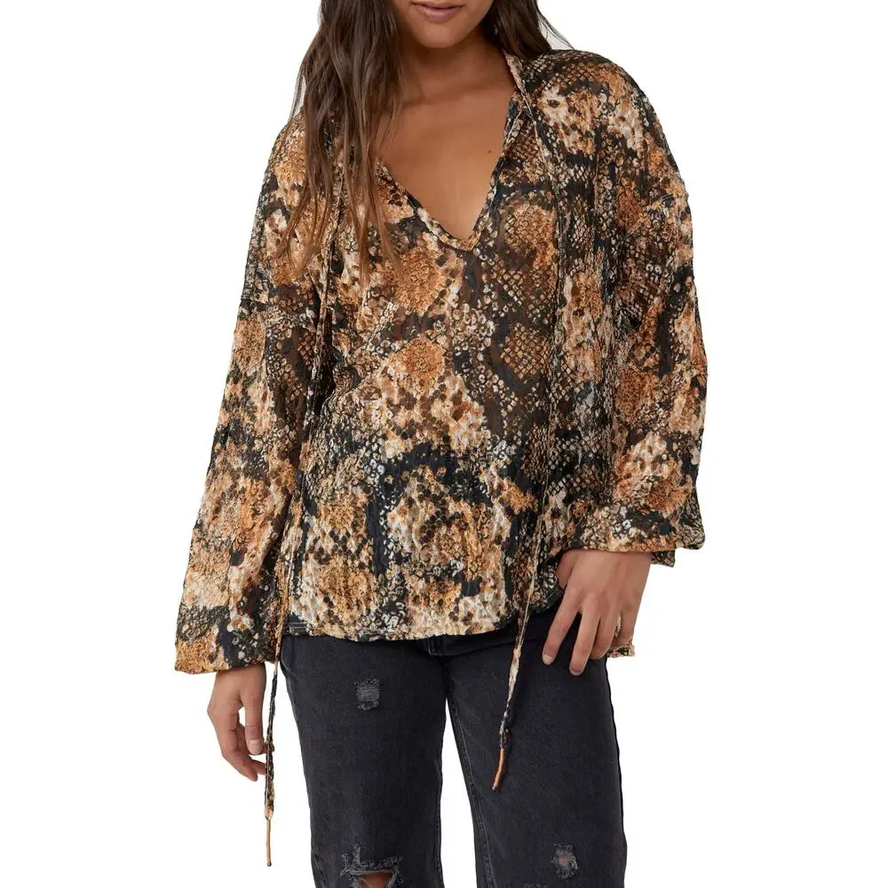 Free People Out For The Night Long Sleeve Blouse Shirt Size Small Snakeskin